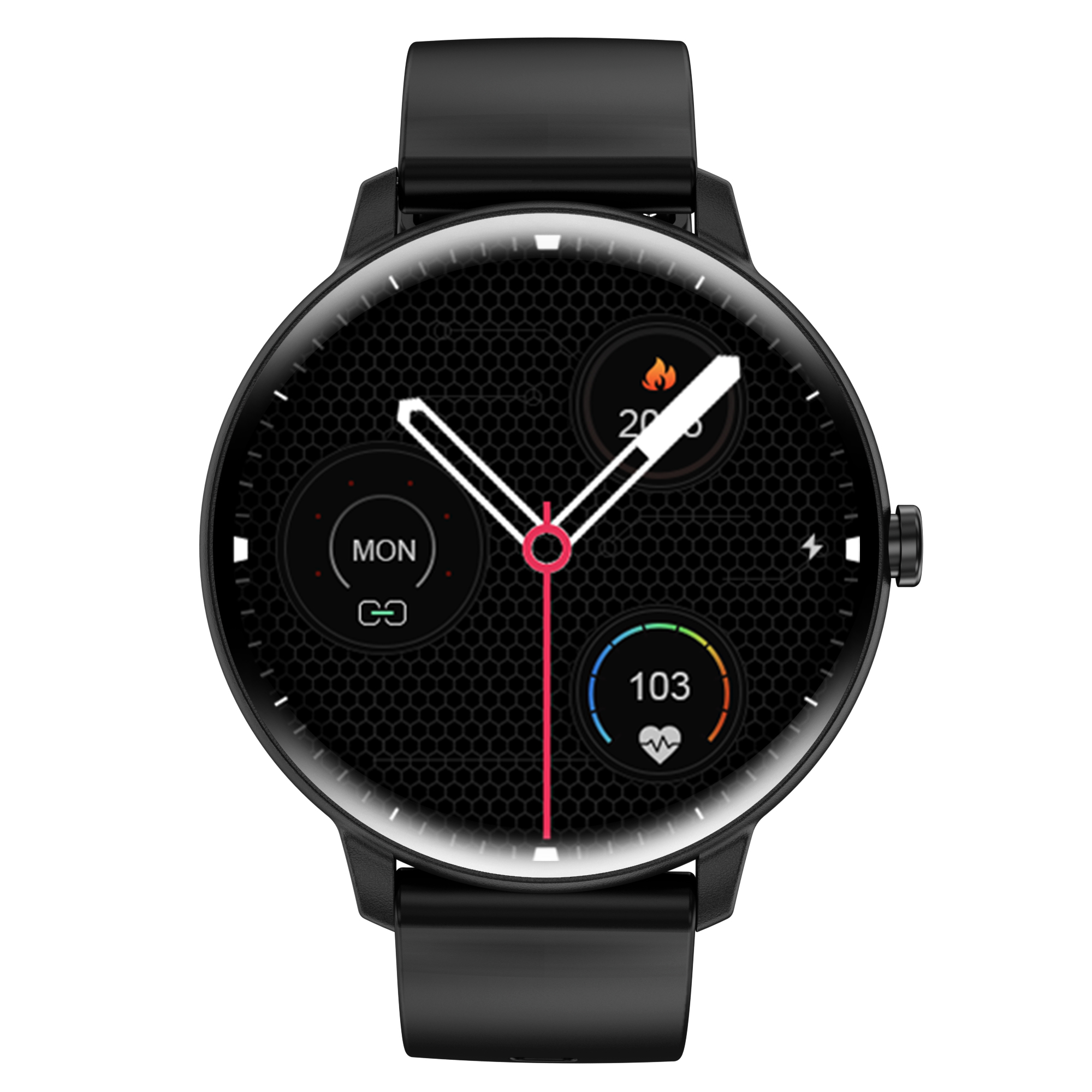 Schwarze Smartwatch mit rundem Zifferblatt, Herzfrequenz- und Kalorienanzeige.