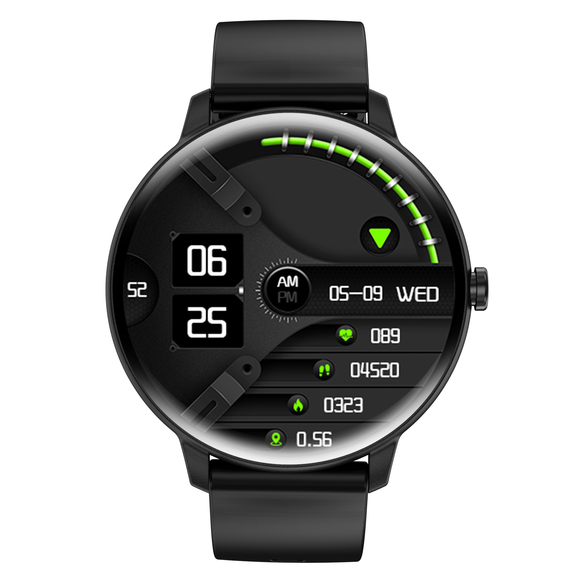 Eine schwarze Smartwatch mit digitaler Anzeige, die Zeit, Datum und Herzfrequenz zeigt.
