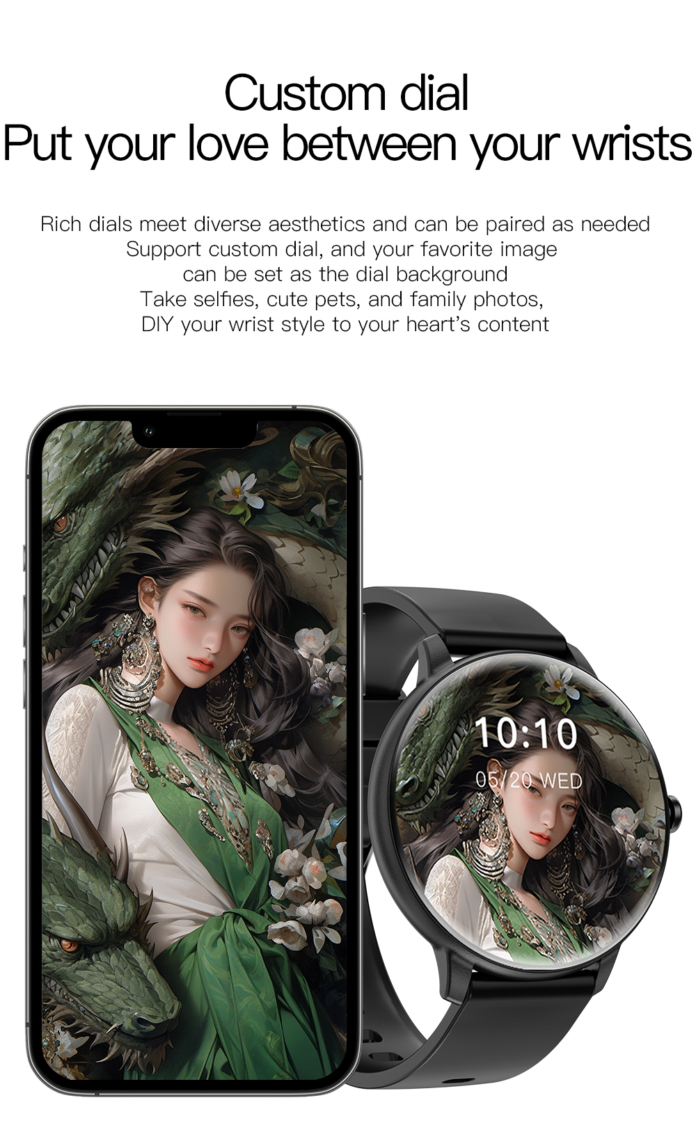 Ein Smartphone und eine Smartwatch zeigen ein Anime-Bild einer Frau mit einem Drachen.