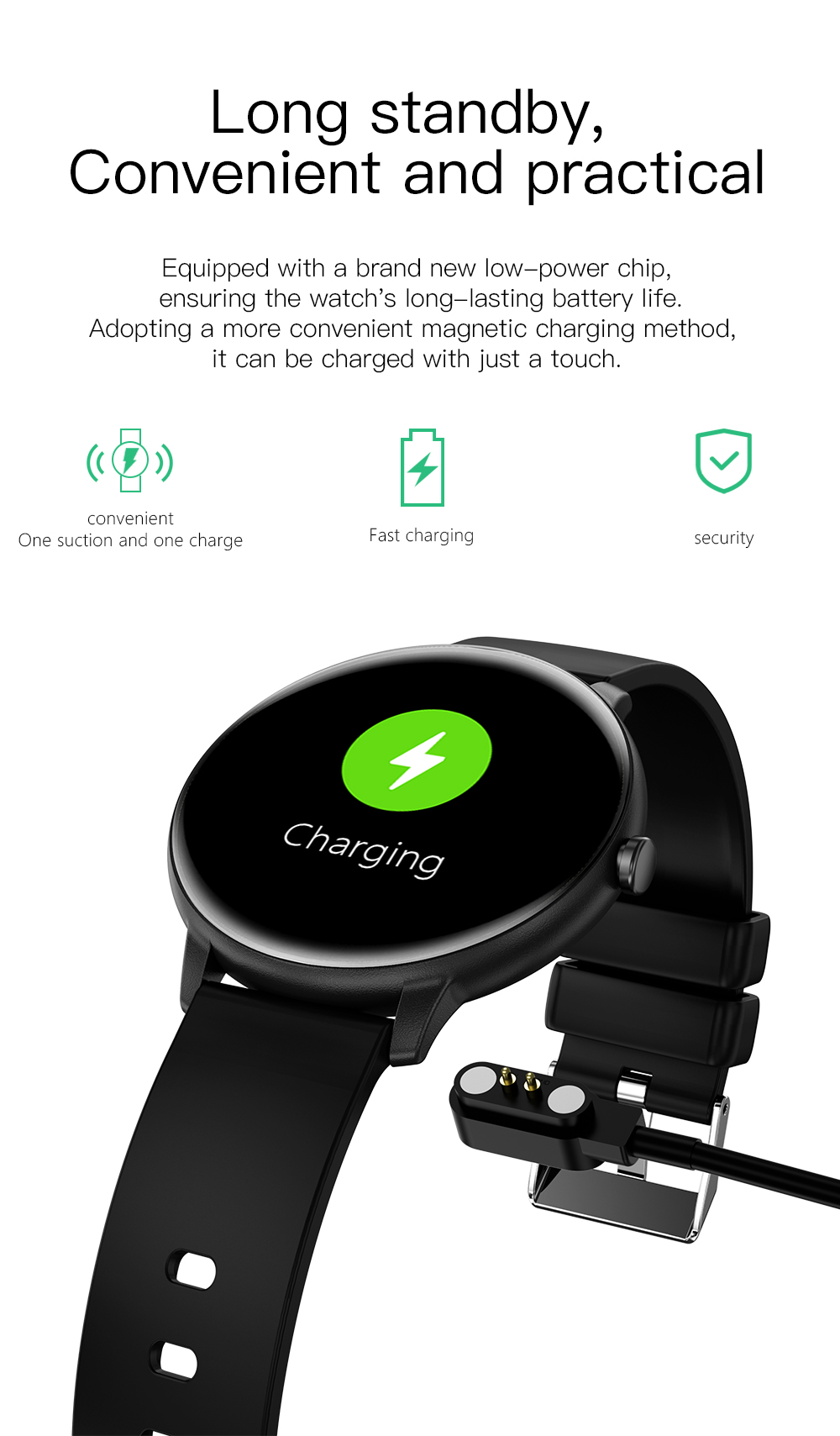 Schwarze Smartwatch wird magnetisch geladen; "Charging" und Blitzsymbol auf dem Display.