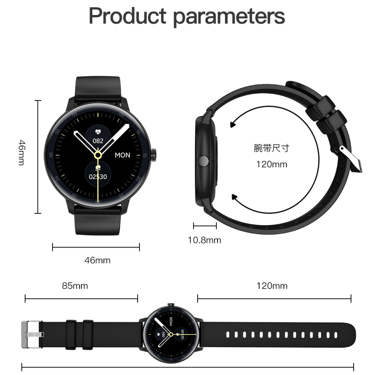 Produktparameter: Schwarze Smartwatch mit Zifferblatt, Armbandmaßen 46mm, 10,8mm Dicke, 85mm und 120mm.