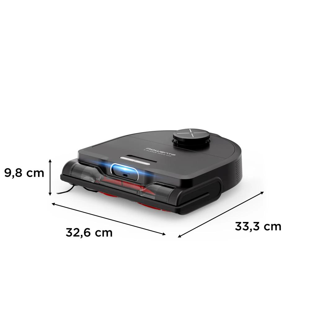 Robot aspirapolvere nero con dimensioni: 9,8 cm altezza, 32,6 cm larghezza, 33,3 cm profondità.