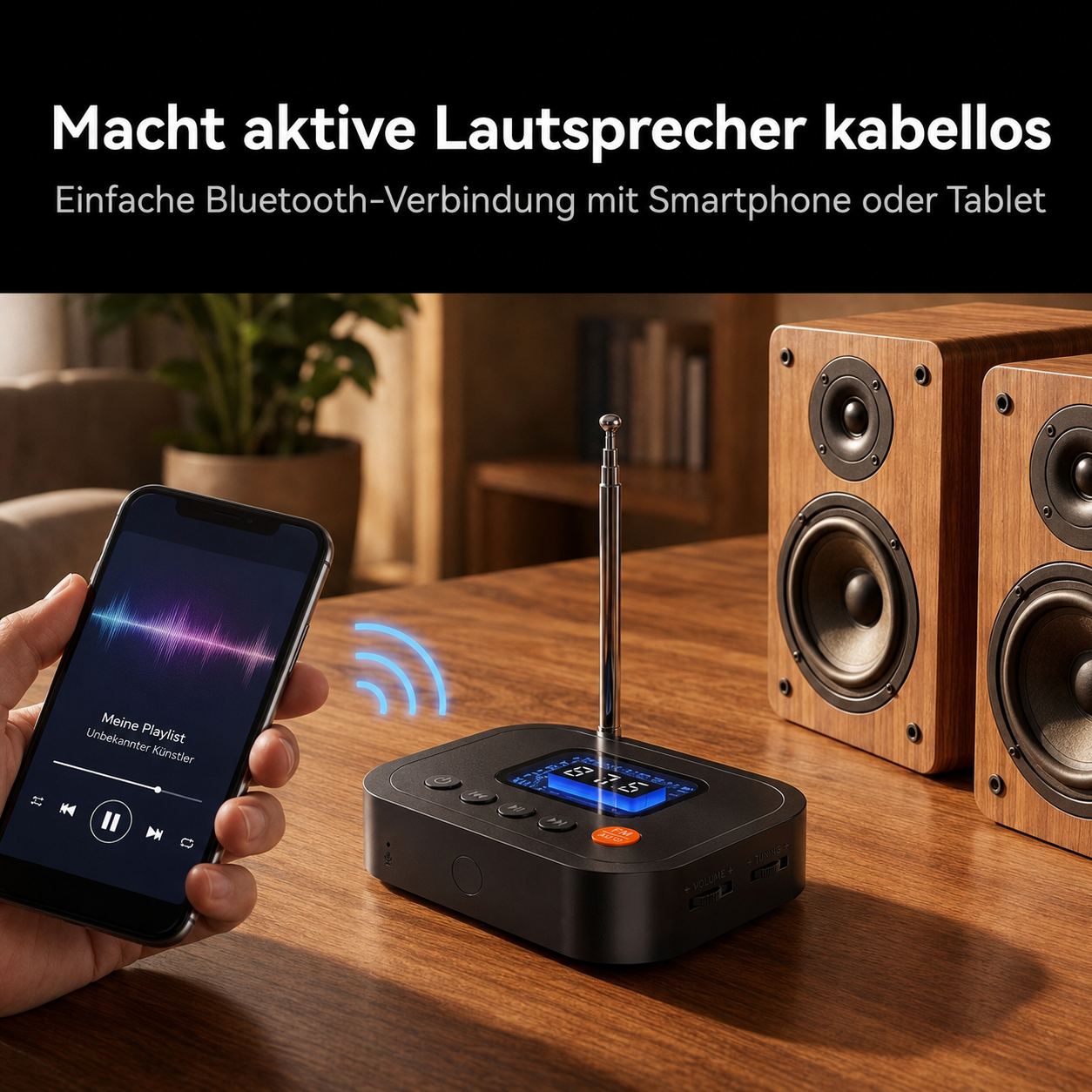 Smartphone verbindet sich kabellos mit Lautsprechern über Bluetooth-Adapter.