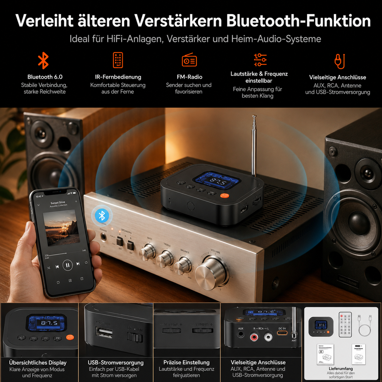 Ein Bluetooth-Empfänger verbessert ältere HiFi-Anlagen mit Radio, USB und Anschlüssen.