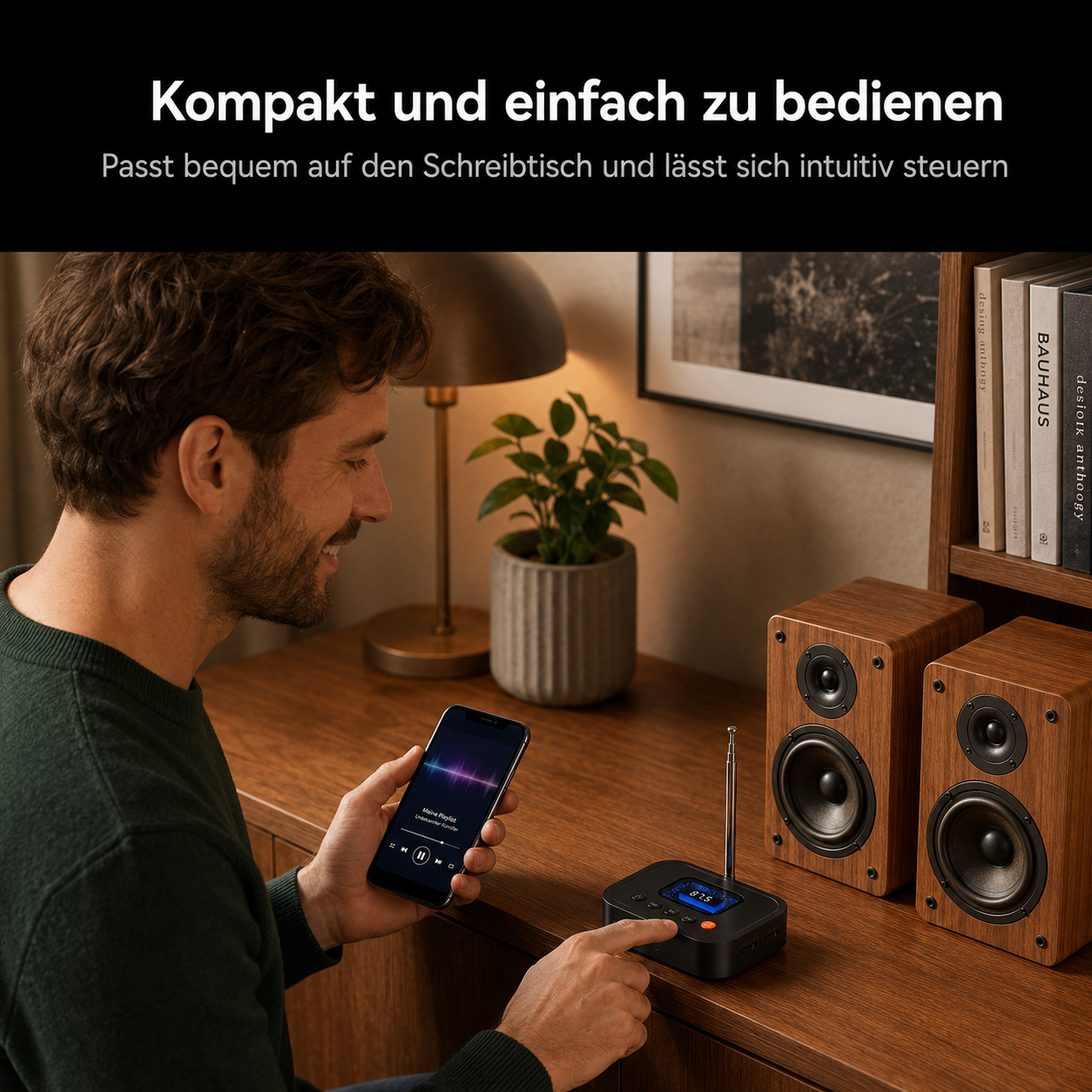 Mann bedient Smartphone, daneben kleine Holzboxen und ein Radio.