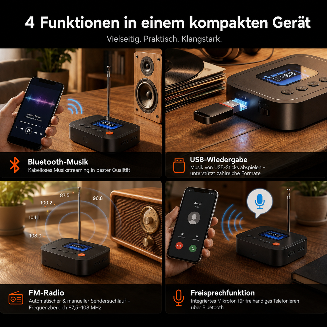 Gerät bietet Bluetooth-Musik, USB-Wiedergabe, UKW-Radio und Freisprech.