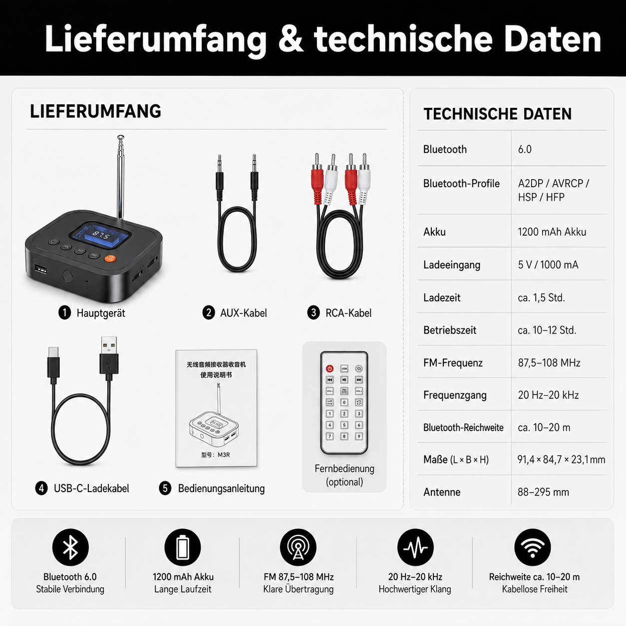 Umfangreiches Zubehör für Audiogeräte: Hauptgerät, AUX, RCA, USB-C Kabel, Anleitung, Fernbedienung.