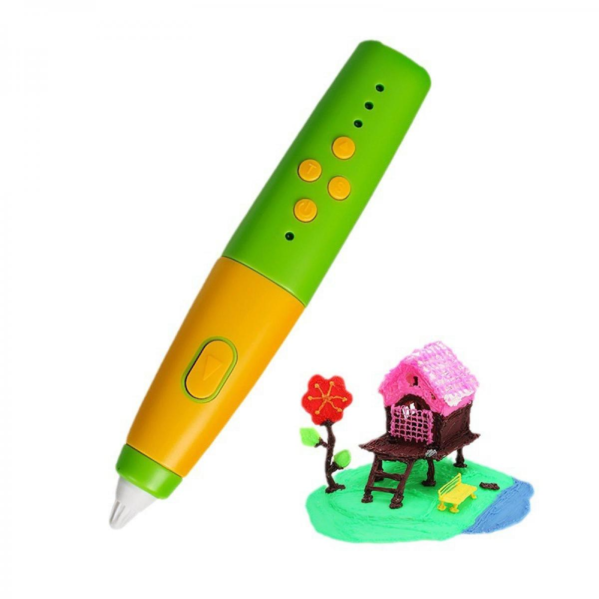 Ein grüner und gelber 3D-Stift mit einem kleinen Haus, einer Blume und einer Bank.