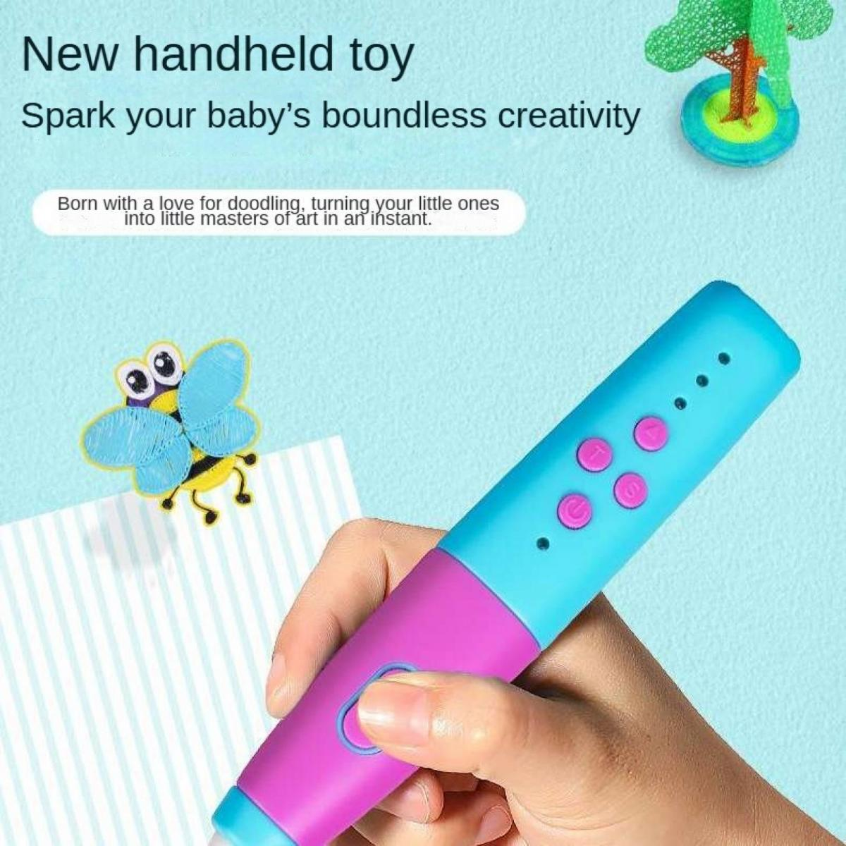 Eine Hand hält einen blauen und lila 3D-Stift in der Nähe einer Cartoon-Biene und eines kleinen grünen Baumes.