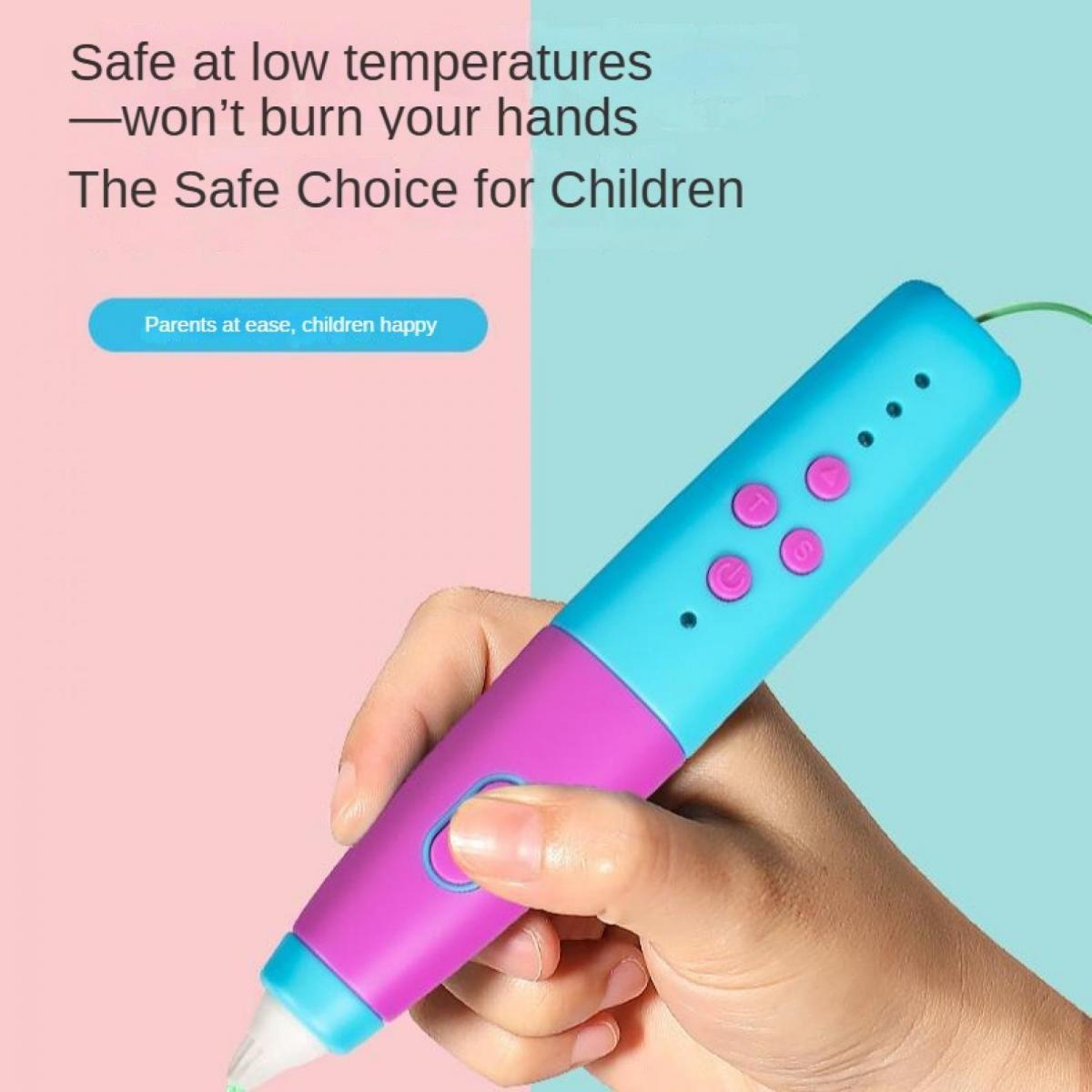 Ein handgehaltener 3D-Stift in Pink und Blau mit Bedienelementen.