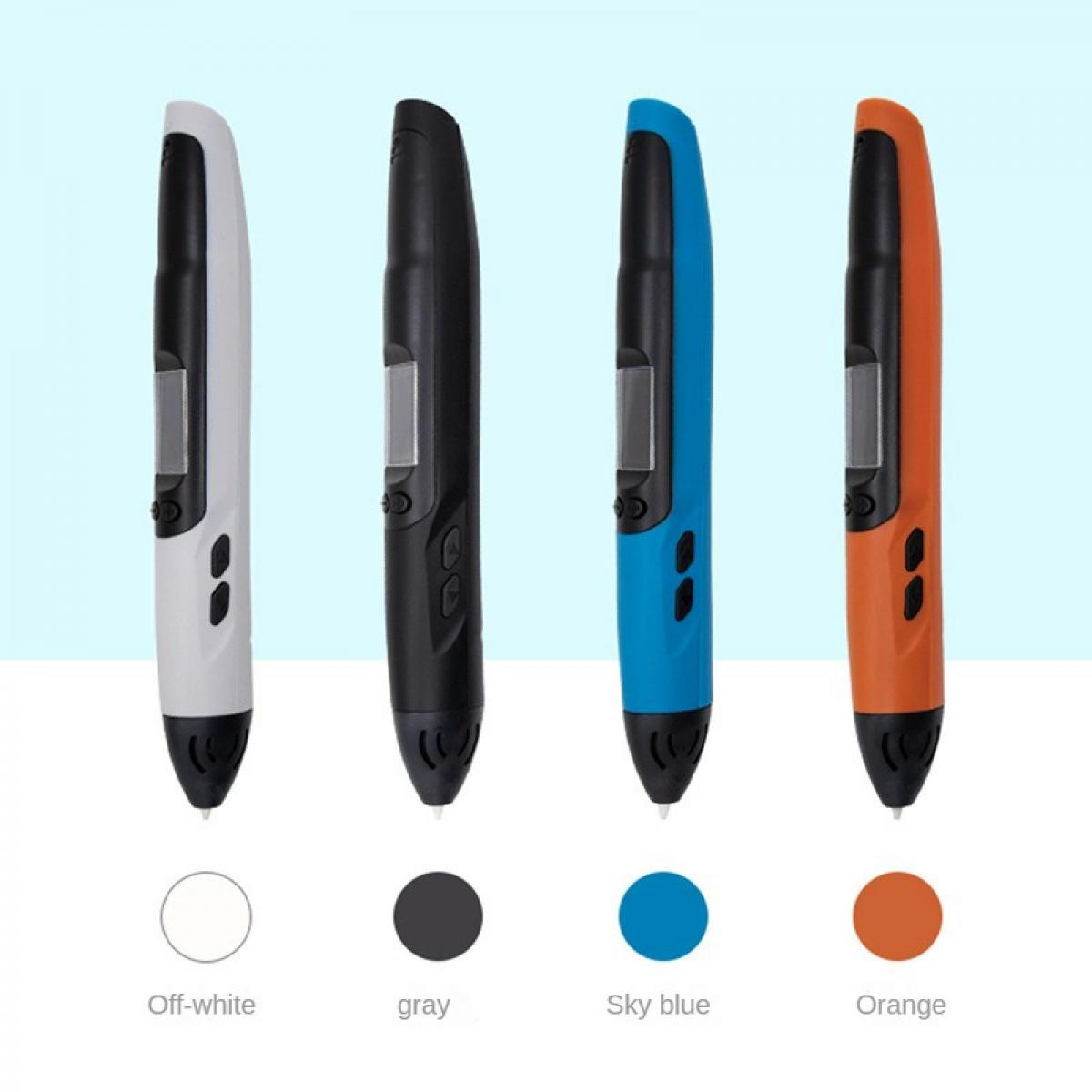 Vier 3D-Stifte in Off-White, Grau, Himmelblau und Orange nebeneinander.
