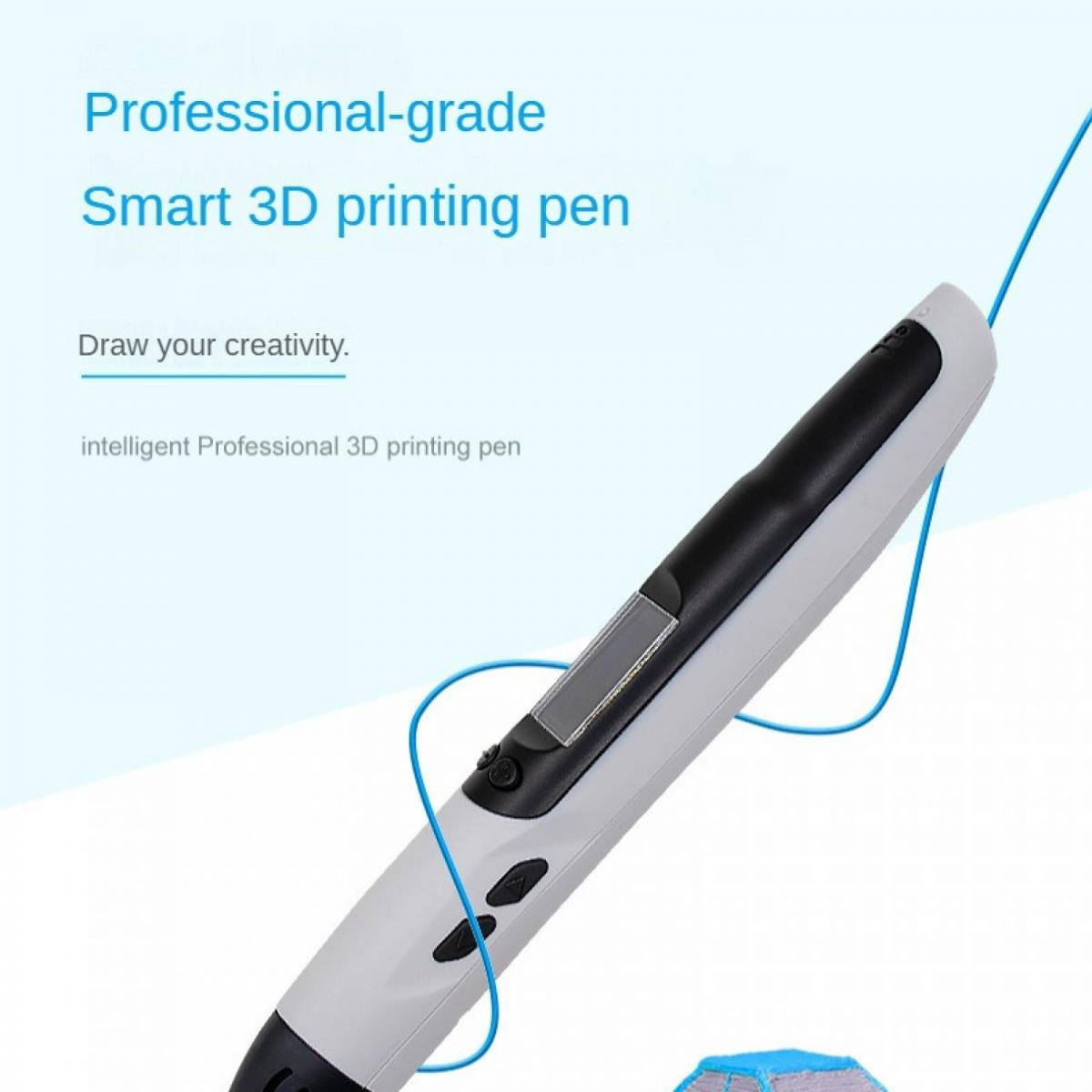 Ein weißer und schwarzer 3D-Druckstift mit blauer Schnur, der auf einem hellblauen Hintergrund liegt.