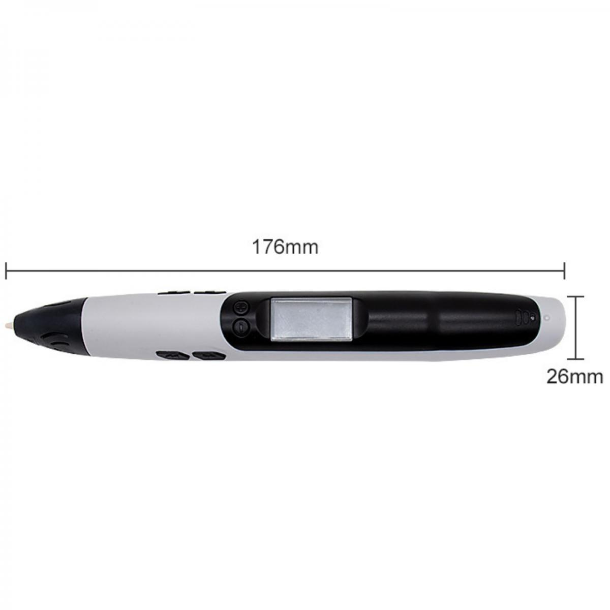 Ein weißer und schwarzer 3D-Stift mit Display und Maßen 176mm x 26mm.