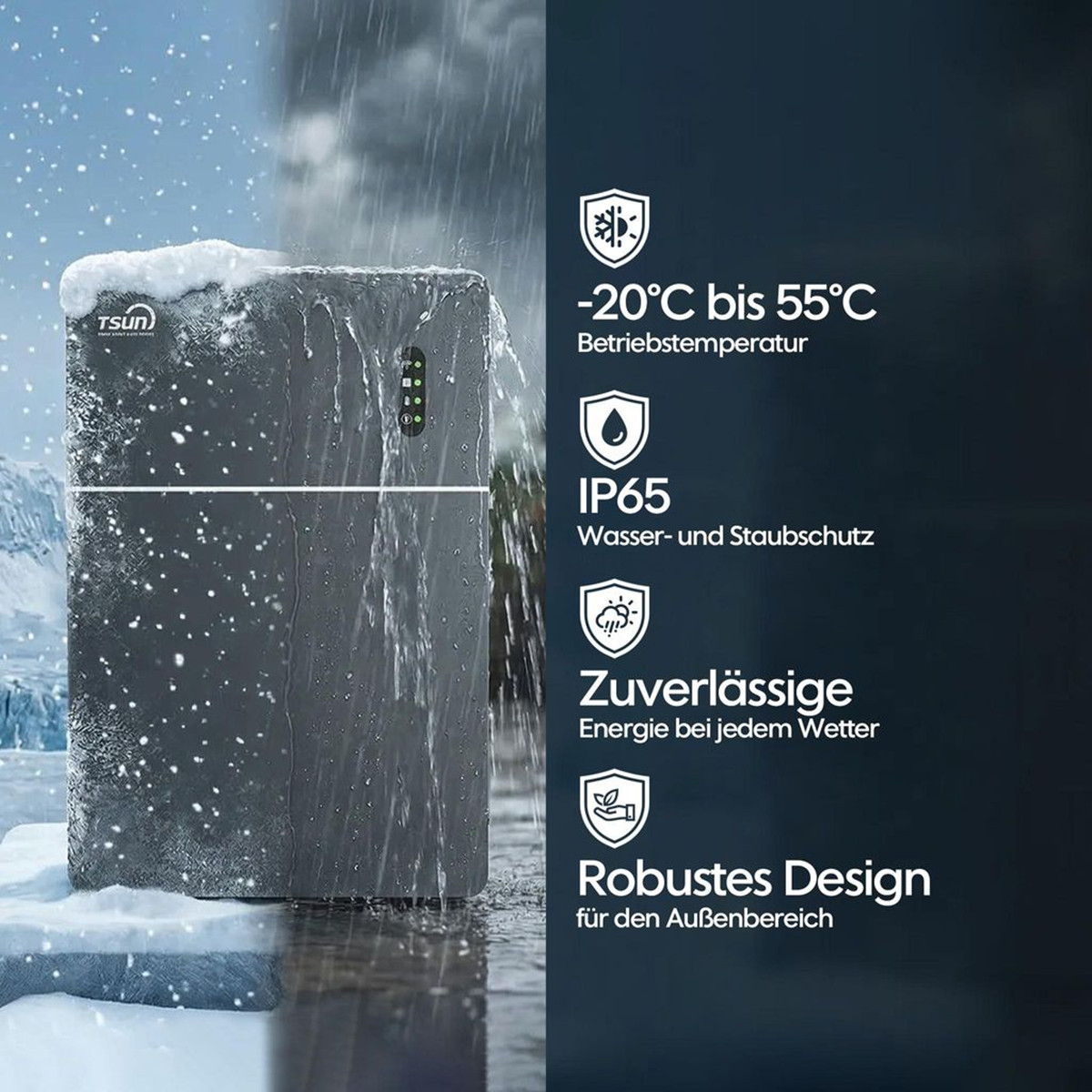 Graues Gerät bei Schnee und Regen, mit Icons für Temperatur, IP65, Energie & Design.