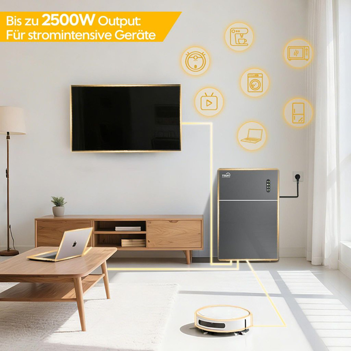 Ein moderner Wohnraum mit Fernseher, Möbeln, Laptop und einem Roboterstaubsauger.