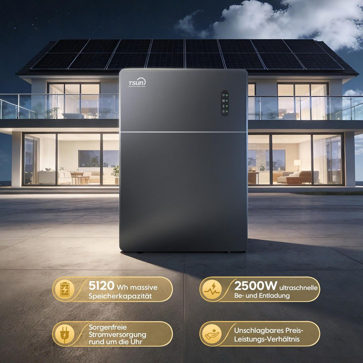 Ein dunkler Energiespeicher steht vor einem modernen Haus mit Solarmodulen.