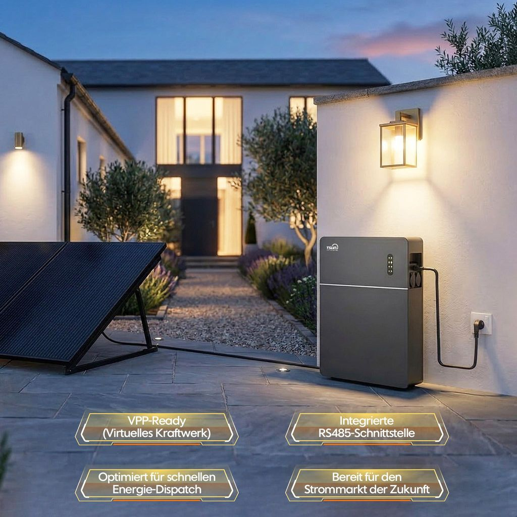 Ein Solarmodul und ein schwarzer Energiespeicher vor einem Haus im Abendlicht.