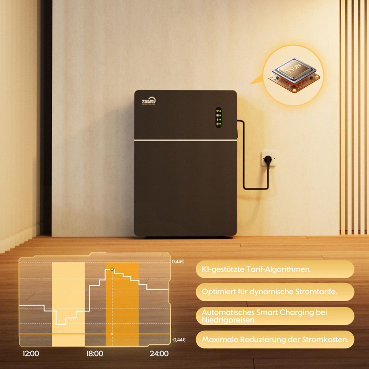 Ein schwarzer Energiespeicher mit TSUN-Logo und einem Chip-Symbol daneben.