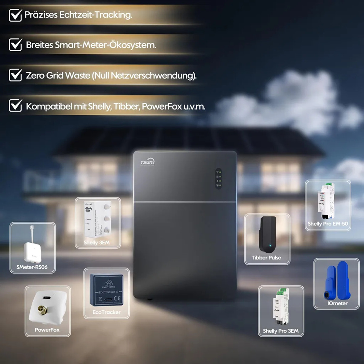 TSUN Energiespeicher mit diversen Smart-Home-Geräten wie Shelly und Tibber.