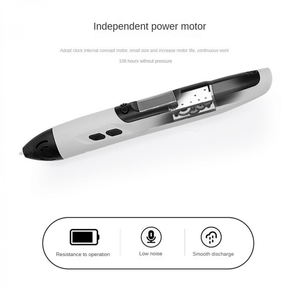 Ein 3D-Stift mit offenem Gehäuse, der Zahnräder zeigt, mit Symbolen für Widerstand, Lärm und Entladung.