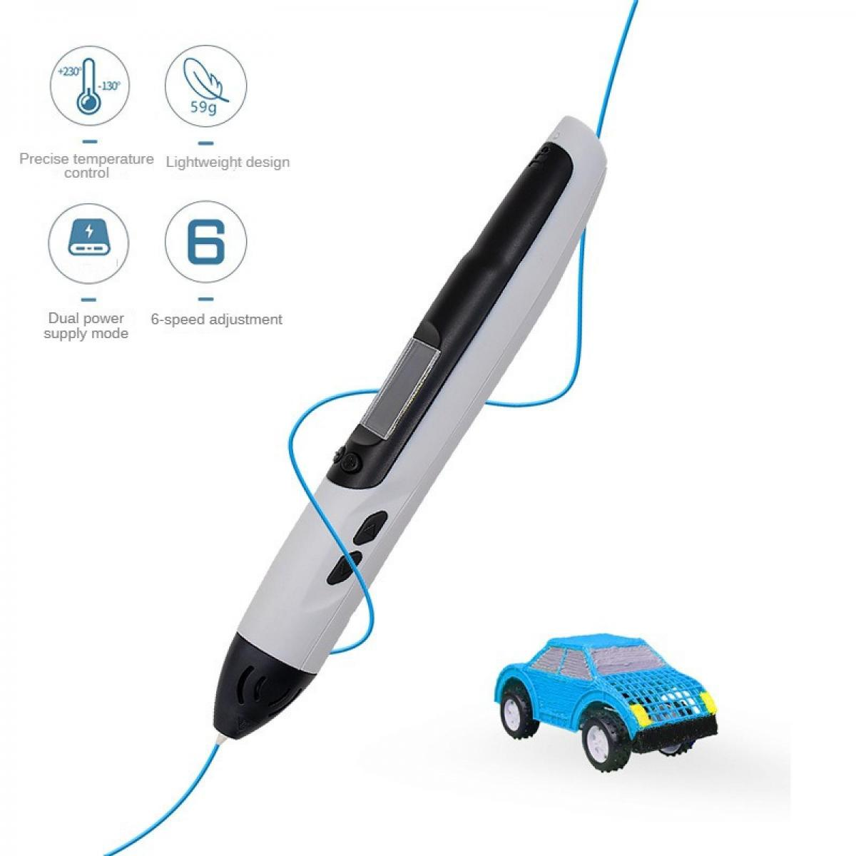Ein 3D-Stift mit blauem Kabel neben einem blauen Spielzeugauto.