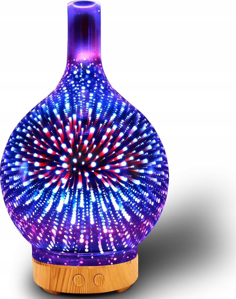 Ein diffuser mit blauem und rotem Lichteffekt auf einem Holzboden.