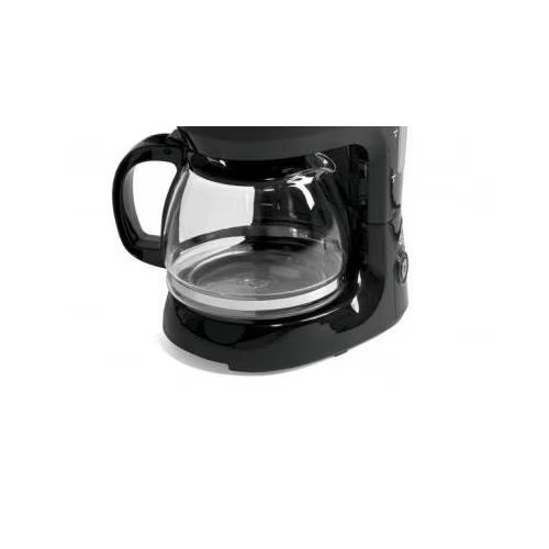 Cafetière noire avec verseuse en verre et anse sur fond blanc.