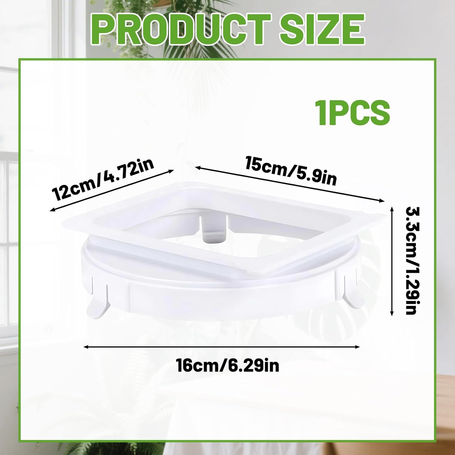 Weißes Produktgrößen-Diagramm, das einen weißen Plastikgegenstand mit Maßen zeigt.