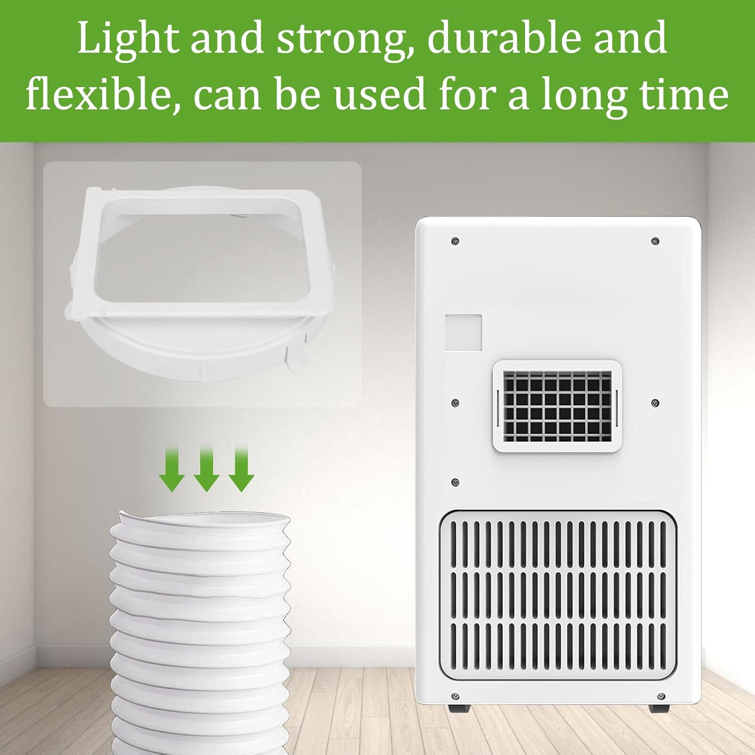 Rückseite eines weißen Geräts mit Abluftschlauch und Fensteradapter.