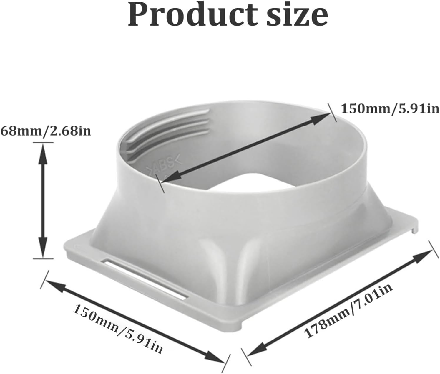Graues ABS-Adapterstück mit Maßen: 68mm Höhe, 150mm und 178mm Breite.