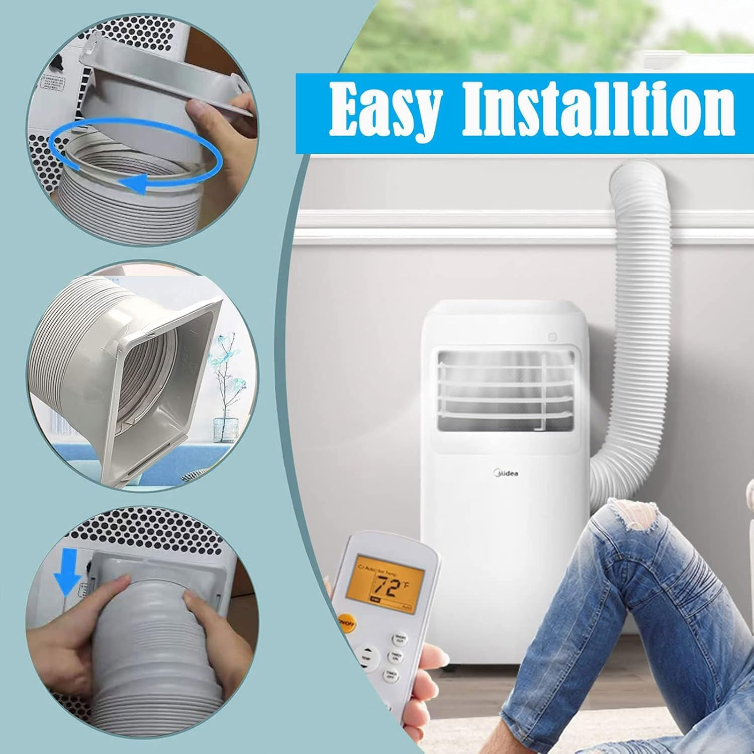 Tragbarer Klimaanlage mit Installationsanleitung und Fernbedienung.