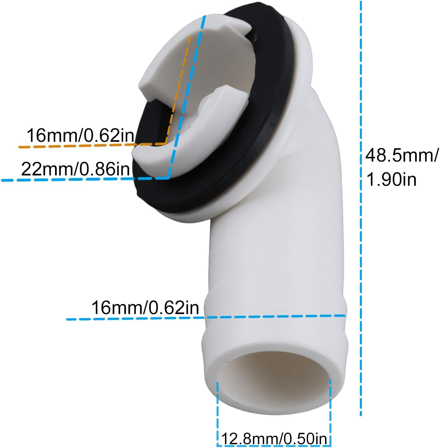 Weißes L-förmiges Rohr mit schwarzem Gummiring, zeigt Maße wie 16mm, 22mm, 48,5mm und 12,8mm.