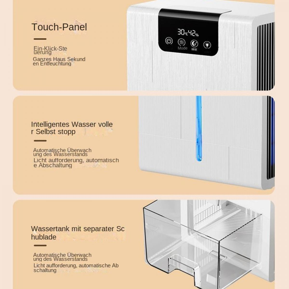 Ein weißer Luftentfeuchter mit Touch-Panel, Wassertank und Anzeige.