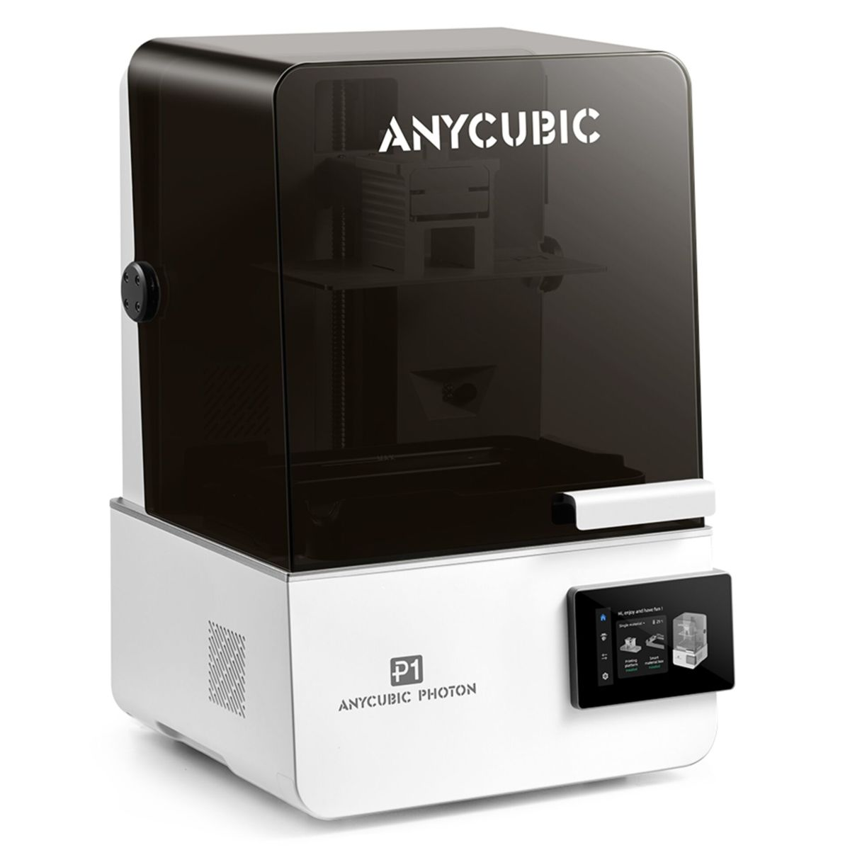 Stampante 3D Anycubic Photon P1 bianca con coperchio nero trasparente e touchscreen.