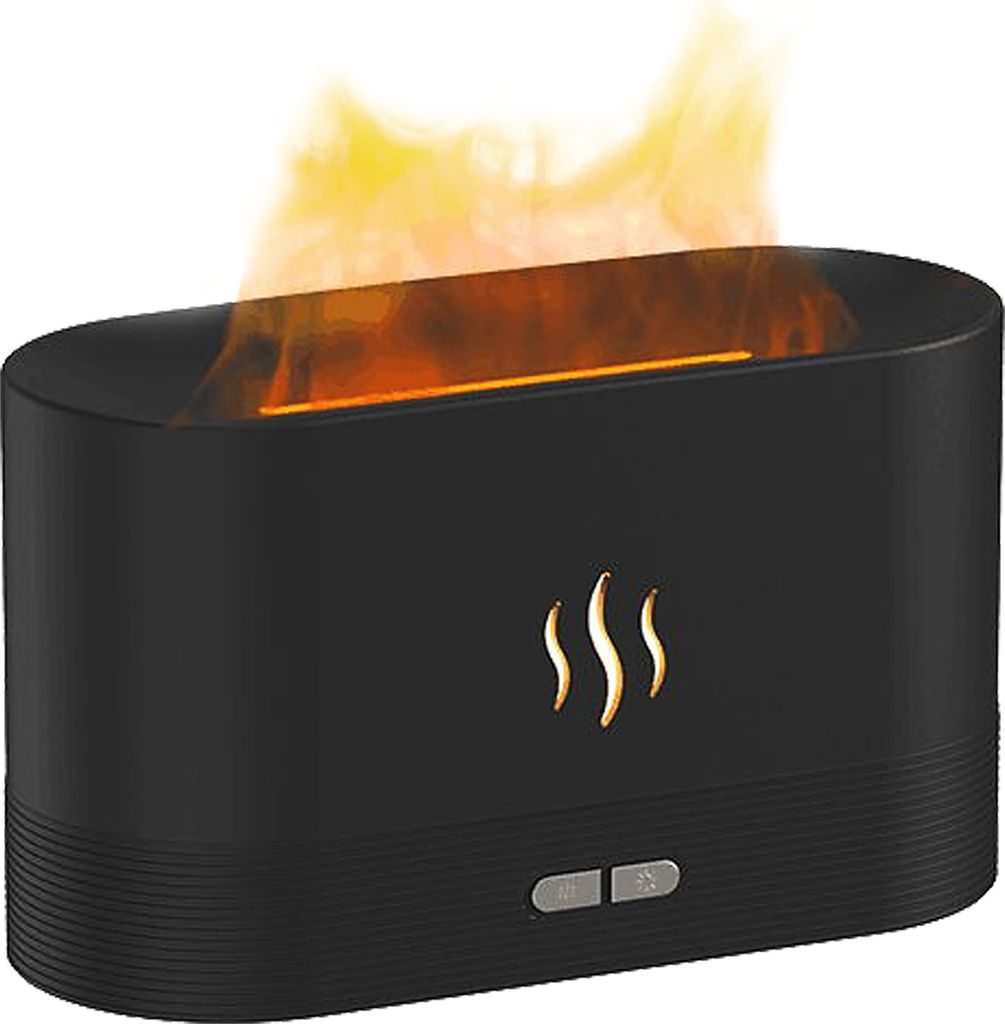 Ein schwarzer Diffusor mit Flammenlicht und Dampf.
