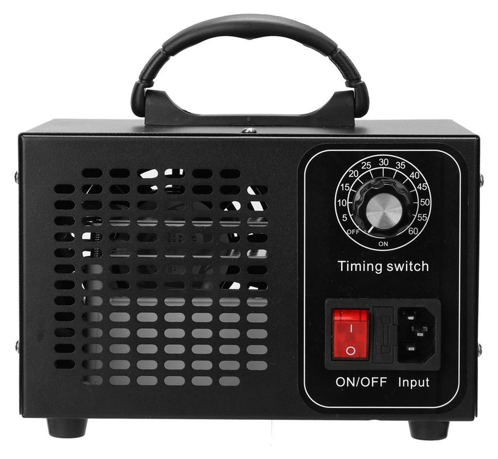 Schwarzer Ozongenerator mit Griff, Timer und Netzschalter.