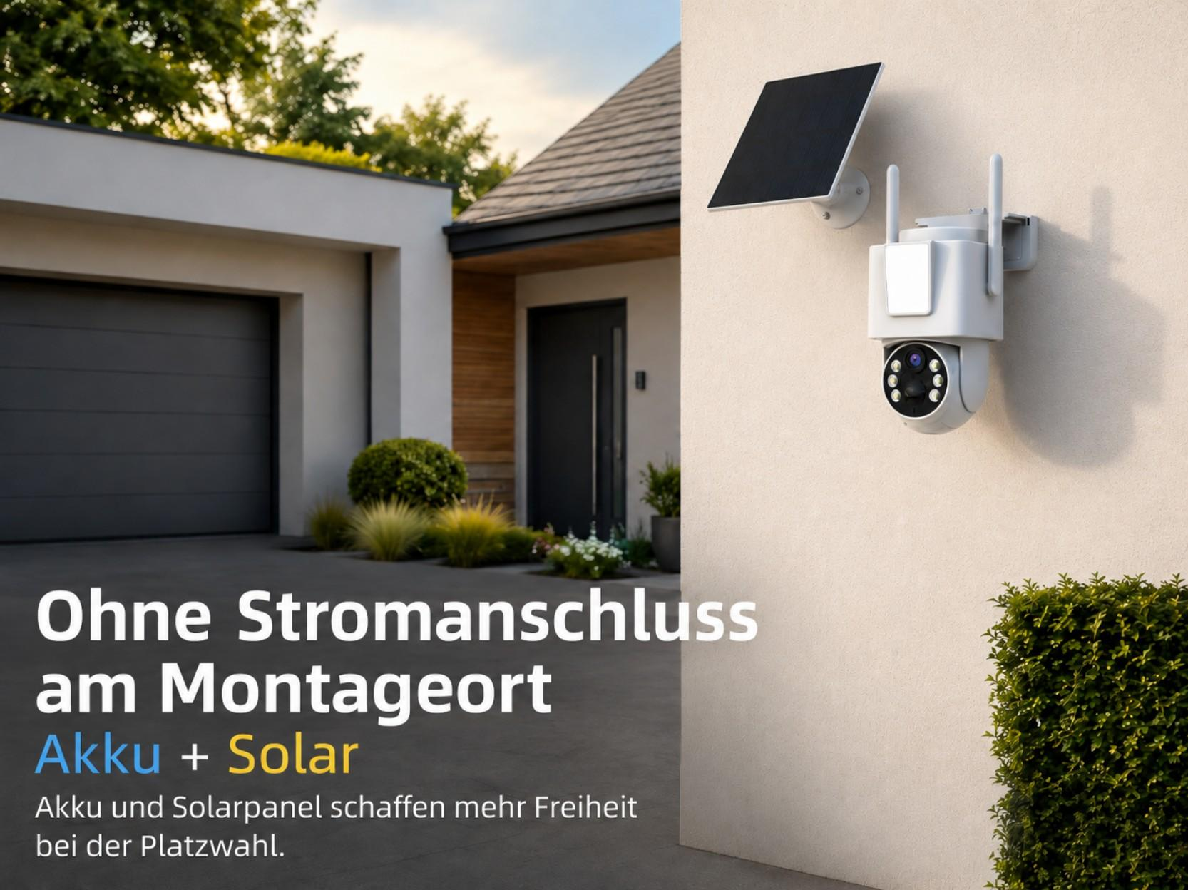 Weiße Überwachungskamera mit Solarpanel an einer Hauswand, Garage im Hintergrund.