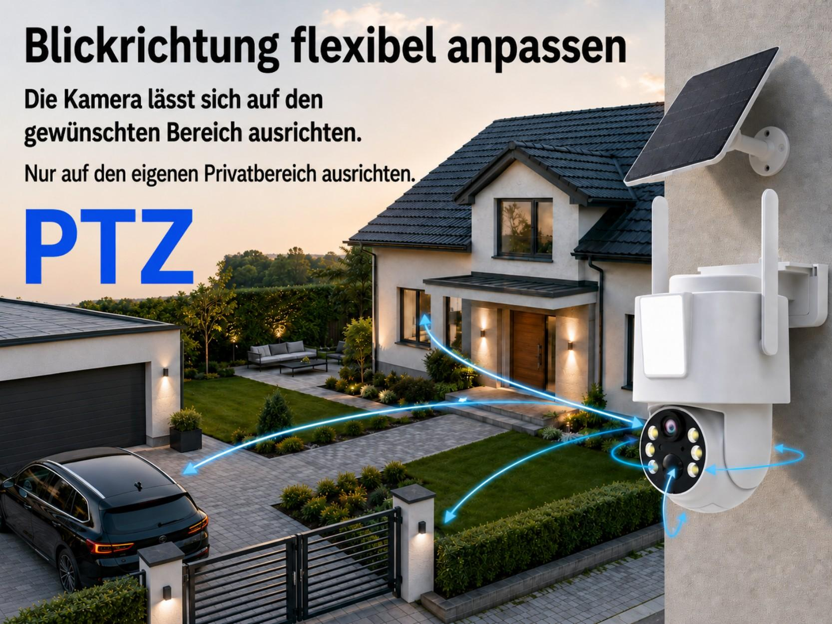 Eine weiße PTZ-Kamera mit Solarpanel montiert an einer Hauswand, zeigt auf ein Haus mit Garage und Auto.