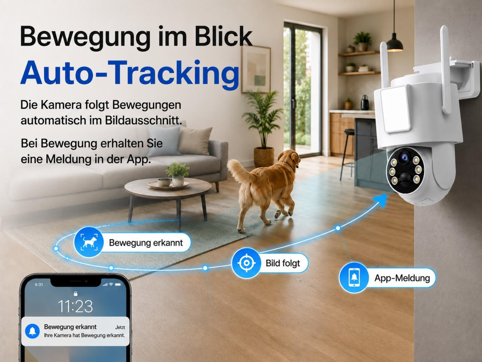 Ein Hund läuft durch ein Wohnzimmer, eine Überwachungskamera verfolgt ihn.
