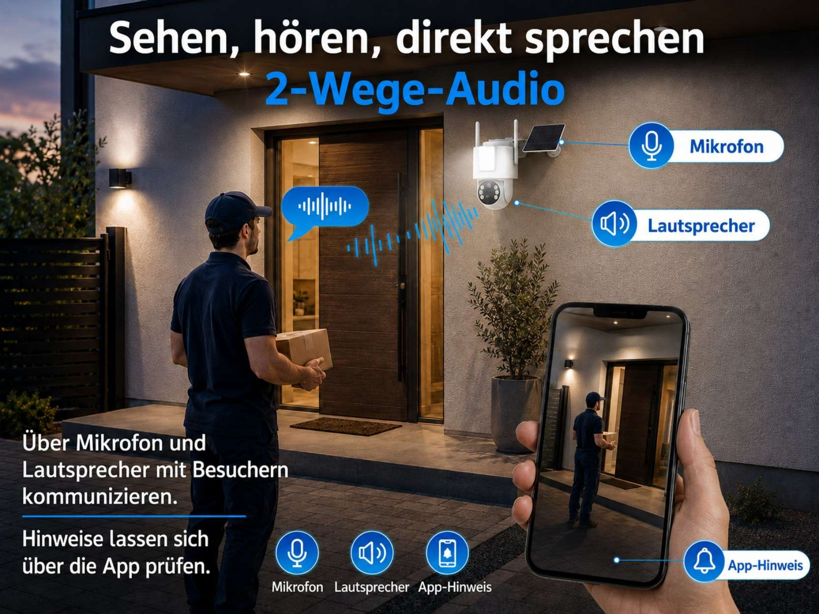 Ein Lieferant steht vor einer Tür, eine Überwachungskamera zeigt ihn auf einem Handy.