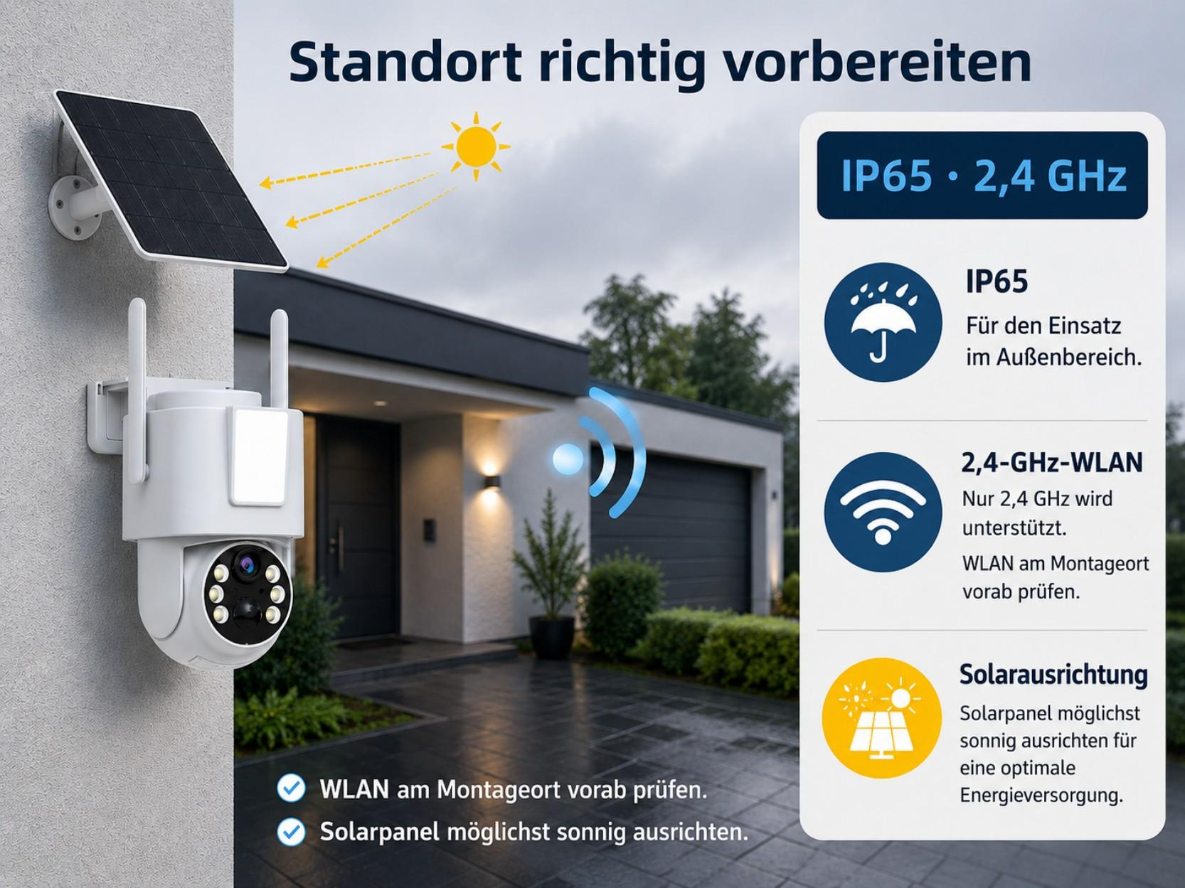 Eine weiße Überwachungskamera mit Solarpanel an einer Hauswand, mit Haus im Hintergrund.