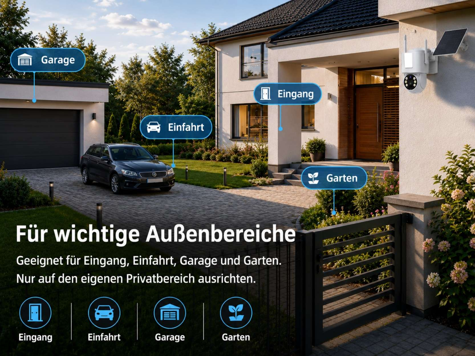 Außenansicht eines modernen Hauses mit Einfahrt, Garage, Eingang und Garten.