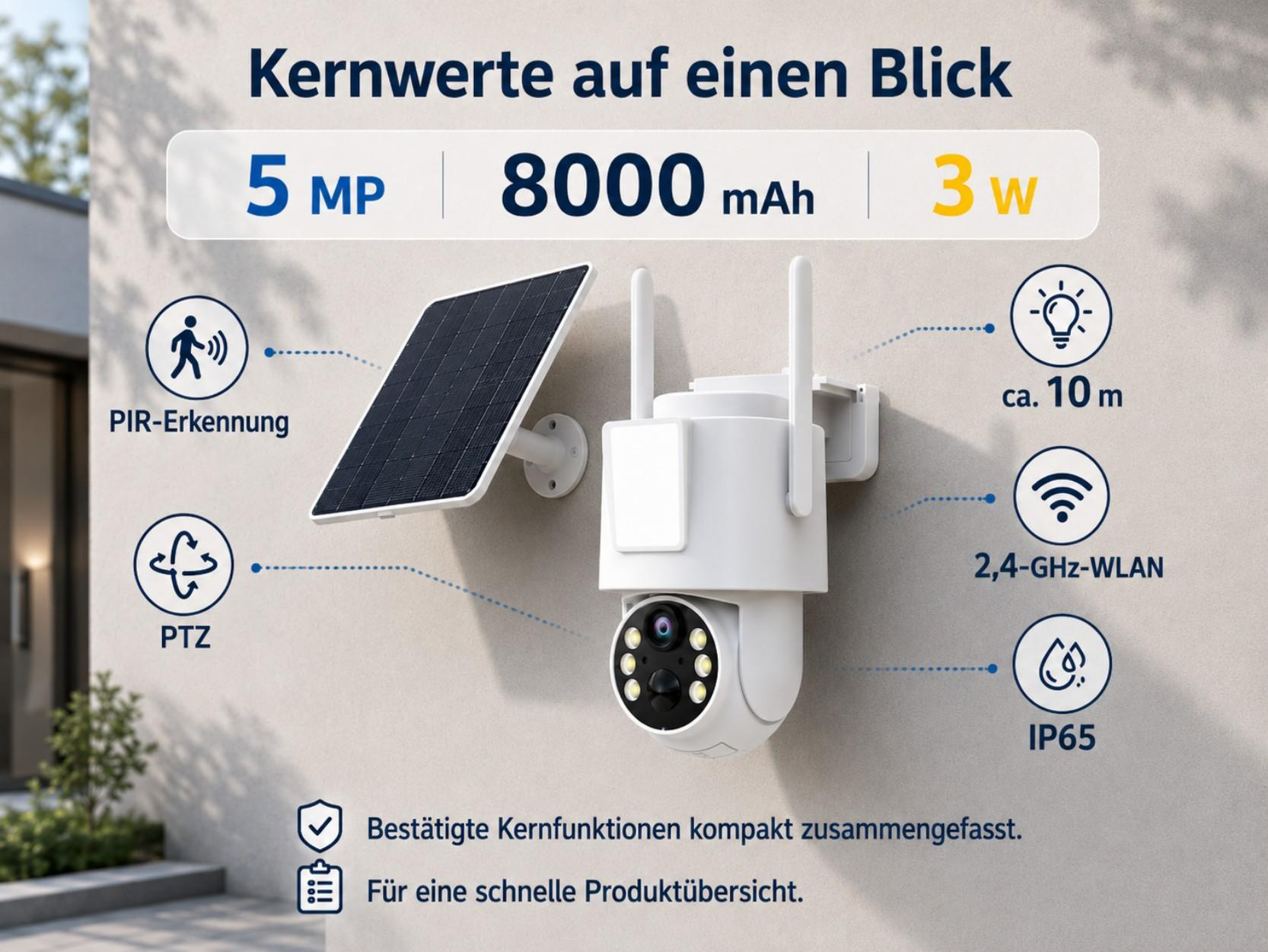 Eine weiße Überwachungskamera mit Solarpanel an einer Wand, Features aufgelistet.