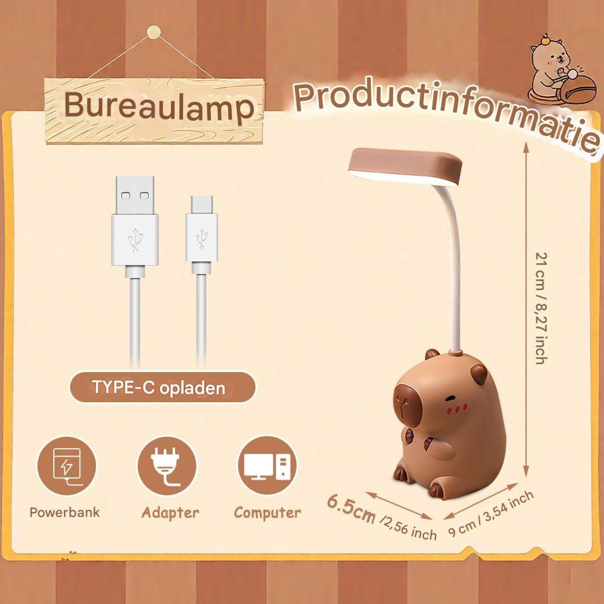 Ein Nachttischlampen-Set mit USB-C-Ladekabeln, Maßen und einer niedlichen Bärenfigur.