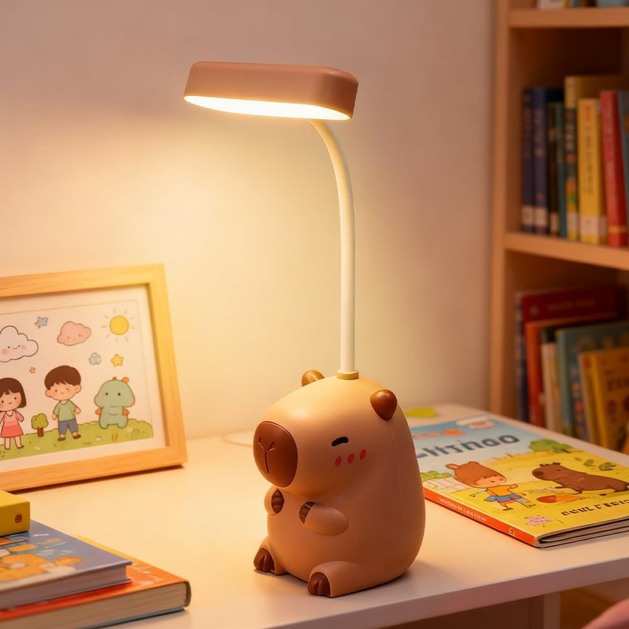 Eine braune Bärenlampe mit Buch und Bilderrahmen auf einem Schreibtisch.