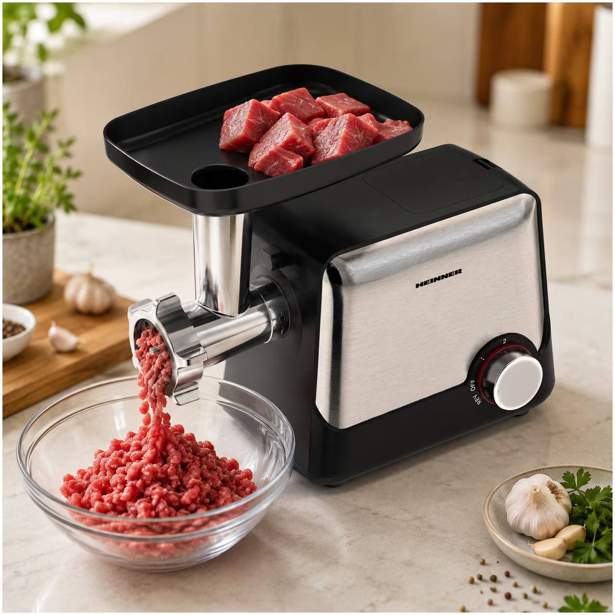 Meat grinder mincing raw meat into a glass bowl, with meat cubes on the feed tray.