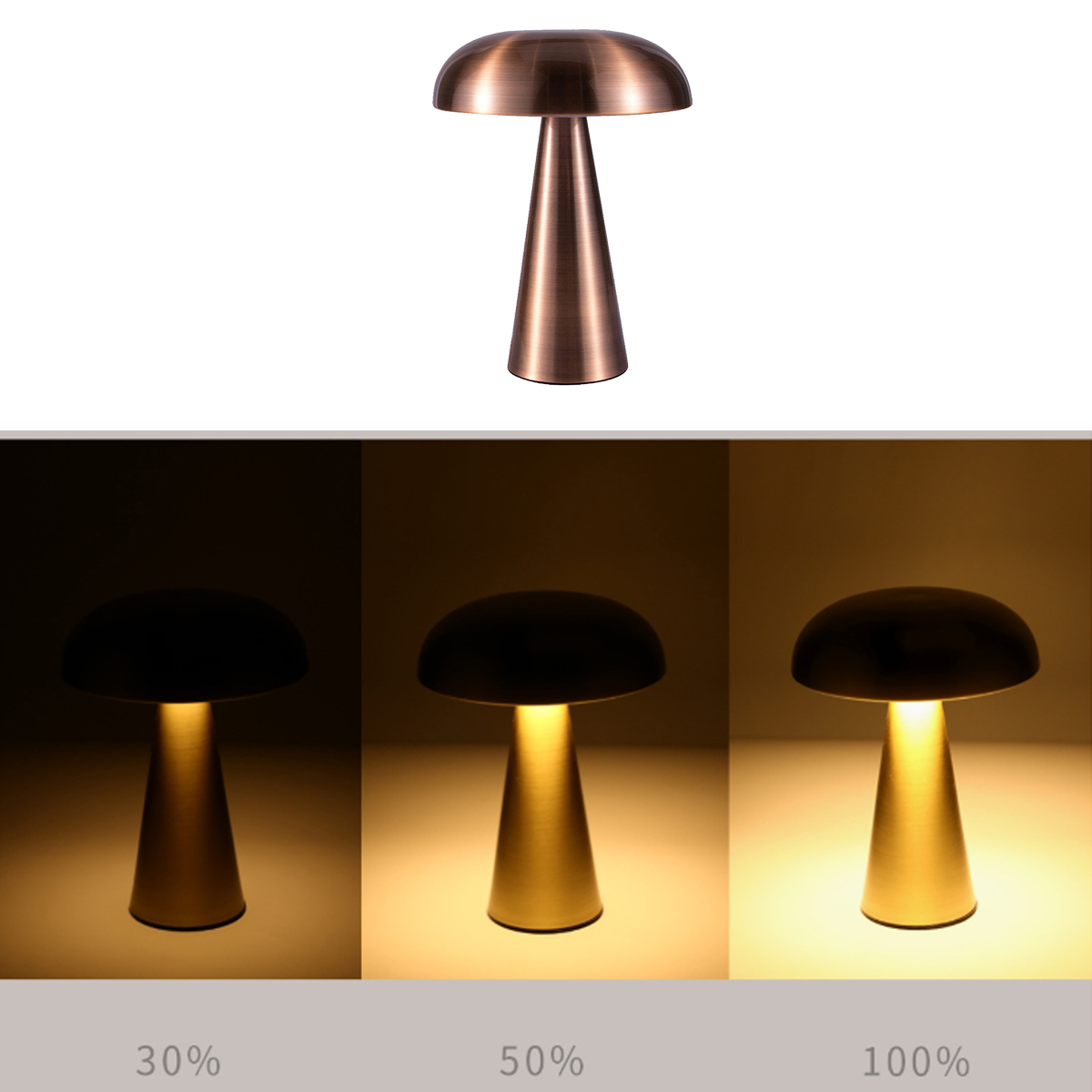 Eine kupferfarbene Pilzlampe auf weißem Grund, darunter drei Ansichten der Lampe bei 30%, 50% und 100% Helligkeit.