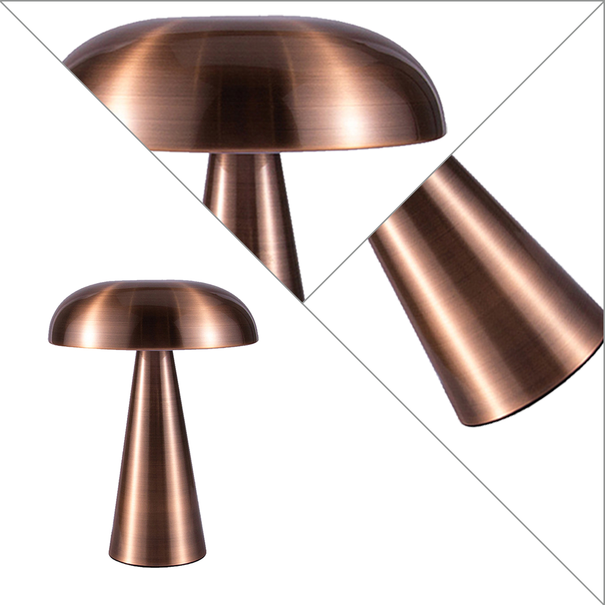 Eine kupferfarbene Pilzlampe mit einem runden Lampenschirm und einem konischen Fuß.