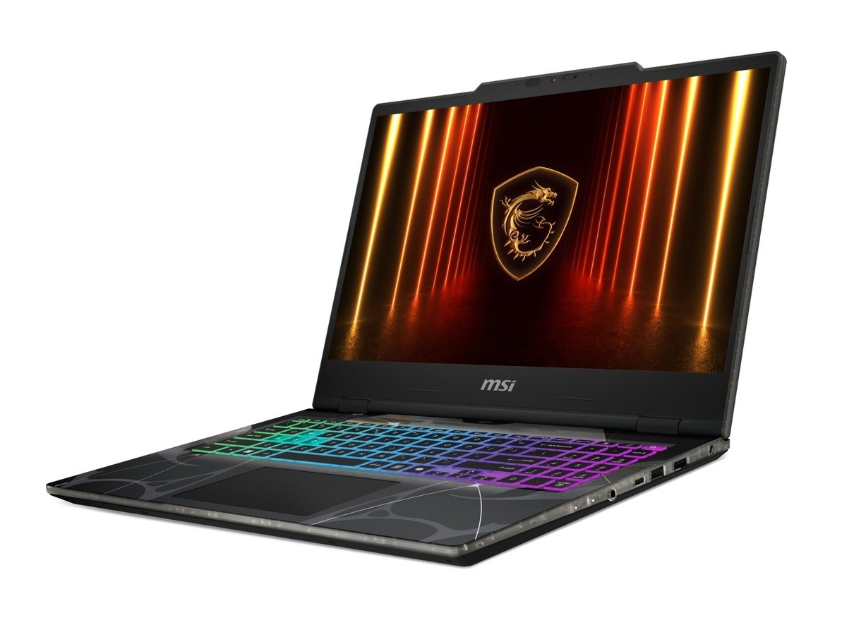 RGB klavyeli ve MSI logolu siyah dizüstü bilgisayar. Ekranda neon ışıklara karşı ejderha arması.