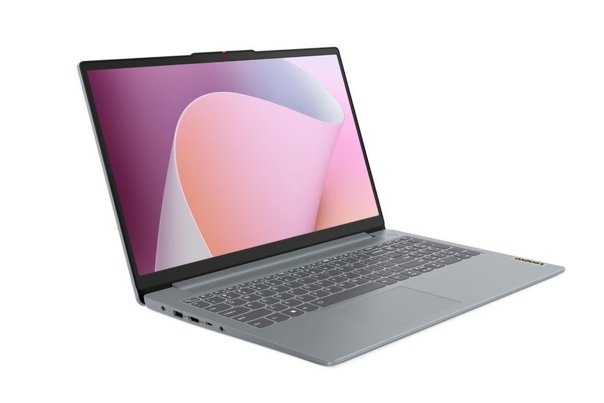 Gri bir Lenovo dizüstü bilgisayar beyaz arka plana karşı açıktır.